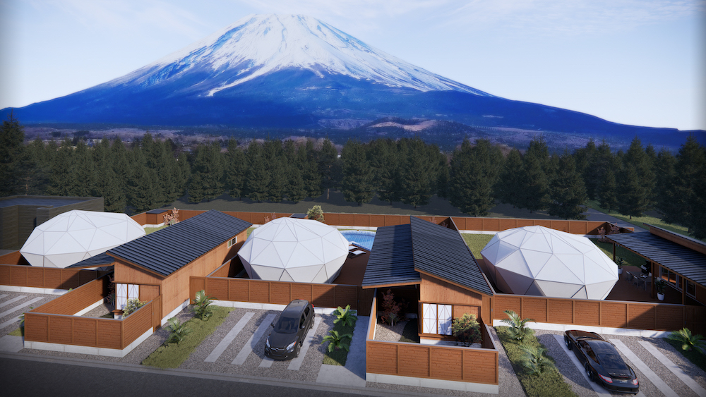 Grandeの施設、プライベートヴィラグランピング 富士山中湖の外見の様子と富士山